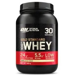 Produktbild: Optimum Nutrition Gold Standard 100% Molkenproteinpulver für Muskelaufbau und -regeneration mit natürlich vorkommendem Glutamin und BCAA-Aminosäuren, Vanilla Ice Cream, 30 Portionen, 900 g
