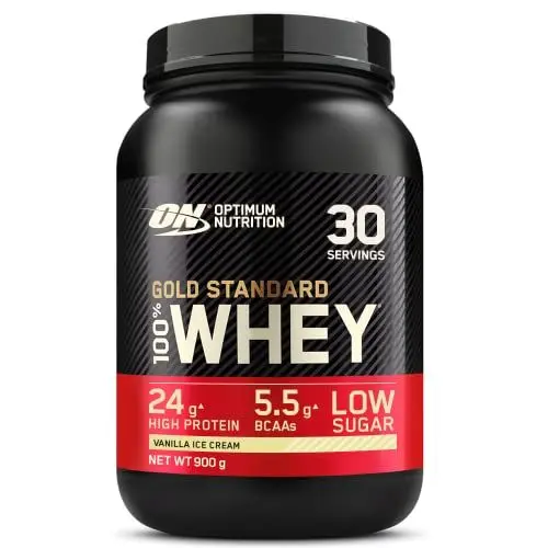 Produktbild: Optimum Nutrition Gold Standard 100% Molkenproteinpulver für Muskelaufbau und -regeneration mit natürlich vorkommendem Glutamin und BCAA-Aminosäuren, Vanilla Ice Cream, 30 Portionen, 900 g