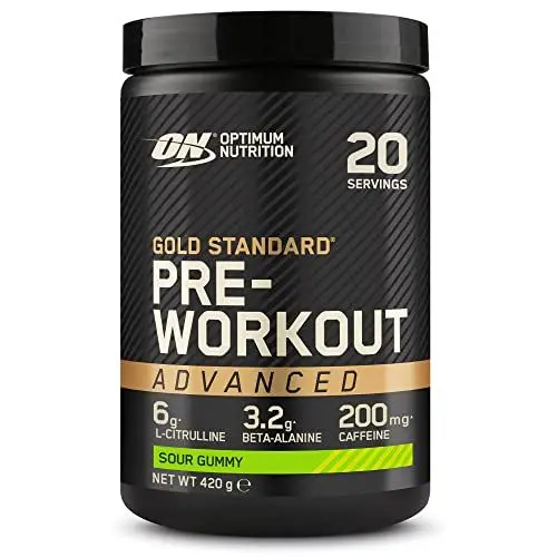 Produktbild: Optimum Nutrition Gold Standard Pre-Workout Advanced Powder, Energy Booster mit L-Citrullin, Beta-Alanin, Koffein und den Vitaminen B12 und B6, Saure-Gummis-Geschmack, 20 Portionen, 420 g