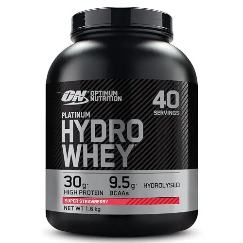Produktbild: Optimum Nutrition Platinum Hydro Whey, Hydrolysiertes Molkenprotein-Isolat-Pulver mit essentiellen Aminosäuren, Glutamin und BCAA, Geschmack: Erdbeer, 40 Portionen, 1,6 kg