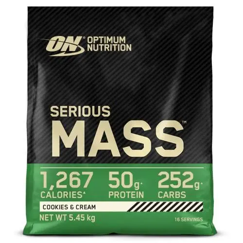 Produktbild: Optimum Nutrition Serious Mass hochkalorisches Proteinpulver für Masseaufbau mit 25 Vitaminen und Mineralien, Kreatin und Glutamin, Cookies und Cream-Geschmack, 16 Portionen, 5,45 kg