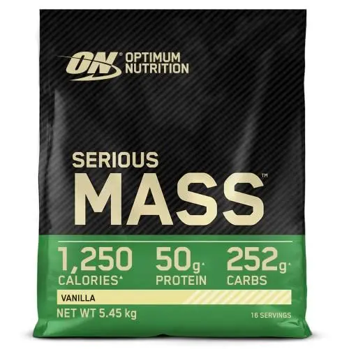 Produktbild: Optimum Nutrition Serious Mass hochkalorisches Proteinpulver für Masseaufbau mit 25 Vitaminen und Mineralien, Kreatin und Glutamin, Vanillegeschmack, 16 Portionen, 5,45 kg