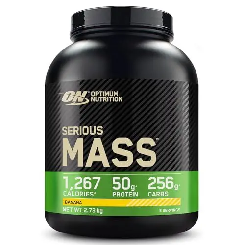 Produktbild: Optimum Nutrition Serious Mass hochkalorisches Proteinpulver für Masseaufbau mit 25 Vitaminen und Mineralien, Kreatinmonohydrat und Glutamin, Bananengeschmack, 8 Portionen, 2,73 kg
