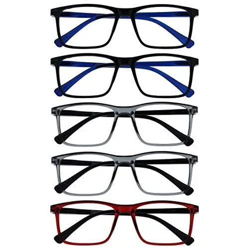 Produktbild: OPULIZE Ink Lessebrille 5er Pack Groß Rechteckig Rahmen Federscharniere Kratzfest Grau Rot Herren Damen RRRRR4-1177Z +1.50