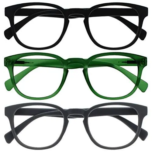 Produktbild: OPULIZE Pop Lesebrille 3er Pack Keck Rund Matt Rahmen Federscharniere Kratzfest Schwarz Grün Grau Herren Damen RRR2-167 +3.50