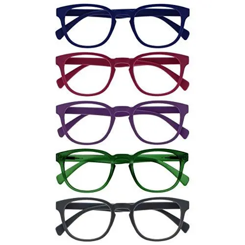 Produktbild: OPULIZE Pop Lesebrille 5er Pack Keck Rund Matt Rahmen Federscharniere Kratzfest Blau Rosa Lila Grün Grau Herren Damen RRRRR2-34567 +2.50