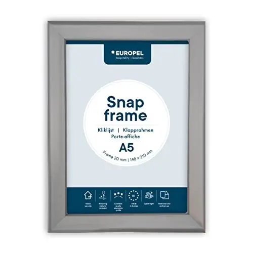 Produktbild: OPUS 2 Klapprahmen A5 mit 20 mm Aluminium-Profil - aufklappbarer Plakatrahmen mit Gehrungsecke - Schnapprahmen für u.a. Poster, Zertifikate, Fotos & Werbemittel - Silber, 355011