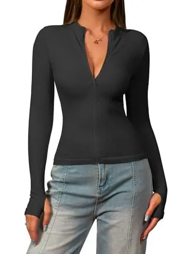 Produktbild: OQQ Damen Langarmoberteile Stehkragen Front Reißverschluß Stretch Fit Sport Gym Casual T-Shirts Schwarz