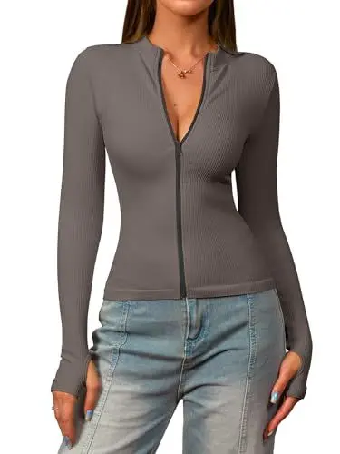 Produktbild: OQQ Damen Langarmoberteile Stehkragen Front Reißverschluß Stretch Fit Sport Gym Casual T-Shirts Teeblatt