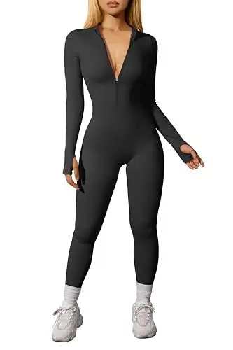 Produktbild: OQQ Damen Sport Jumpsuits Langarm Lässig Freizeit Reißverschluss Nahtlos Yoga Overalls für Frauen Schwarz