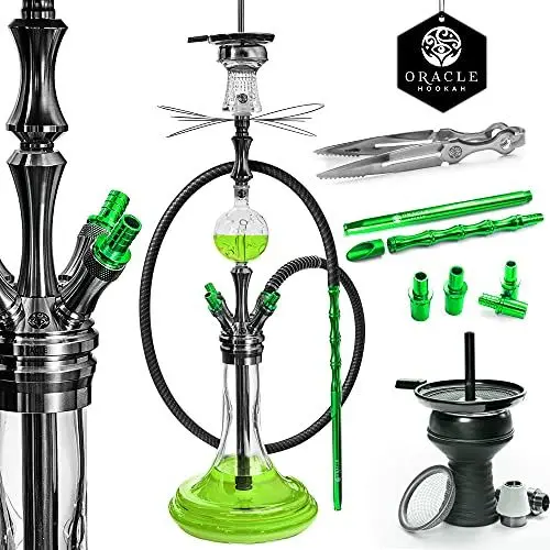 Produktbild: ORACLE HOOKAH® Edelstahl Shisha Set mit Zubehör - Shisha 4 Anschlüsse mit Kopf Schlauch Mundstück und Molassefänger (Shisha Grün, inkl. (1 Schlauch / 1 Mundstück))