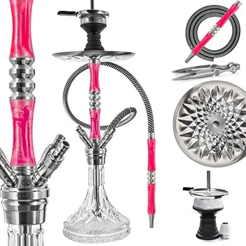 Produktbild: ORACLE HOOKAH® Epoxidharz Edelstahl Shisha Set 4 Anschlüsse - Shisha mit 2 Schläuche 2 Mundstücke Kopf und Zubehör - Shisha Pink