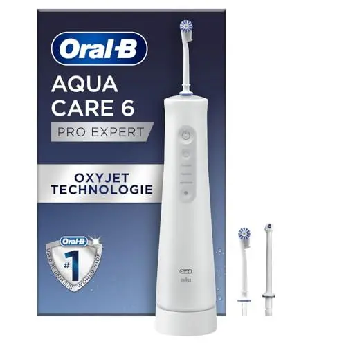 Produktbild: Oral-B AquaCare 6 Kabellose Munddusche, 3 Ersatzdüsen, Zahnzwischenraumreiniger, sanfte Zahnreinigung & gesündes Zahnfleisch, Oxyjet-Technologie, 3 Modi für Zahnpflege, Geschenk Mann/Frau, weiß/grau