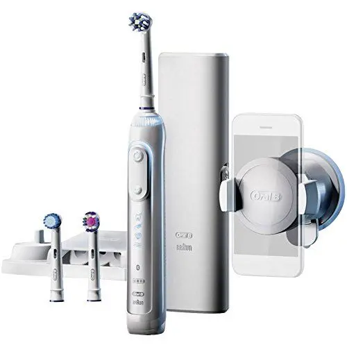 Produktbild: Oral-B Genius 8200 Elektrische Zahnbürste, mit Smartphone-Halterung und drei Aufsteckbürsten, weiß