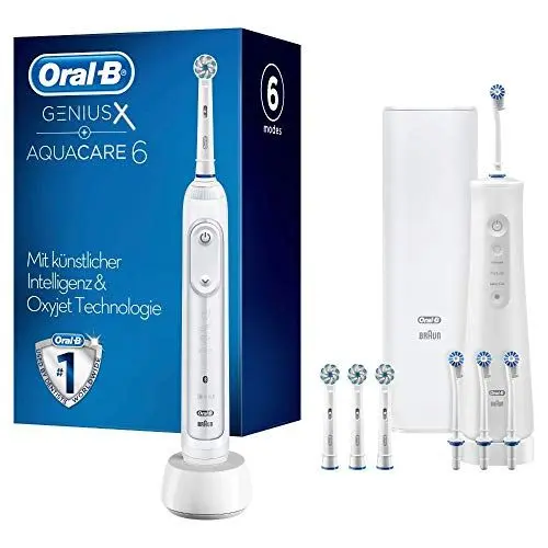 Produktbild: Oral-B Genius X Elektrische Zahnbürste mit Aqua Care Munddusche, 4 Aufsteckbürsten, 4 Ersatzdüsen, Lade-Reiseetui, Set für Zahnreinigung und Zahnpflege, Valentinstag Geschenk für Sie/Ihn, weiß