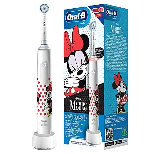 Produktbild: Oral-B Junior Elektrische Zahnbürste für Kinder ab 6 Jahren, mit 2 Putzmodi und visueller 360° Andruckkontrolle für Zahnpflege, Designed by Braun, Minnie Mouse, weiß, 1 Stück (1er Pack)