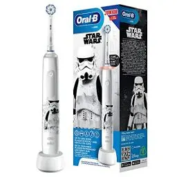 Produktbild: Oral-B Junior Star Wars Elektrische Zahnbürste für Kinder ab 6 Jahren, 360°-Andruckkontrolle, weiche Borsten, 2 Putzprogramme inkl. Sensitiv, Timer, weiß