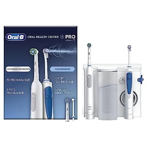 Produktbild: Oral-B Oral Health Center Munddusche mit Oxyjet-Technologie für Zahnreinigung, 2 Ersatzdüsen & PRO Series 1 Elektrische Zahnbürste/Electric Toothbrush, 2 Aufsteckbürsten, 3 Modi für Zahnpflege, weiß