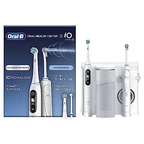 Produktbild: Oral-B Oral Health Center Munddusche mit Oxyjet-Technologie für Zahnreinigung, 2 Ersatzdüsen & iO Series 6 Elektrische Zahnbürste/Electric Toothbrush, 2 Aufsteckbürsten, 5 Modi für Zahnpflege, weiß