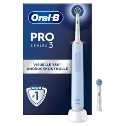 Produktbild: Oral-B PRO 3 3000 Elektrische Zahnbürste, 2 CrossAction Aufsteckbürsten, mit 3 Putzmodi und visueller 360° Andruckkontrolle für Zahnpflege, Geschenk Mann/Frau, blau, 1 Stück (1er Pack)