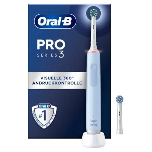 Produktbild: Oral-B PRO 3 3000 Elektrische Zahnbürste/Electric Toothbrush, 2 CrossAction Aufsteckbürsten, mit 3 Putzmodi und visueller 360° Andruckkontrolle für Zahnpflege, Geschenk Mann/Frau, blau