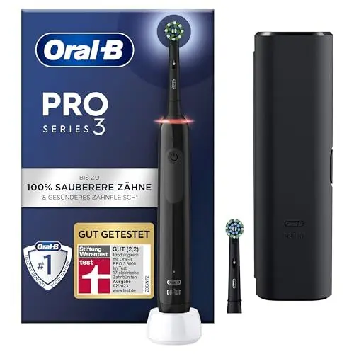 Produktbild: Oral-B PRO 3 3500 Elektrische Zahnbürste/Electric Toothbrush, 2 Aufsteckbürsten, mit 3 Putzmodi und visueller 360° Andruckkontrolle für Zahnpflege, Reiseetui, Geschenk Mann/Frau, schwarz