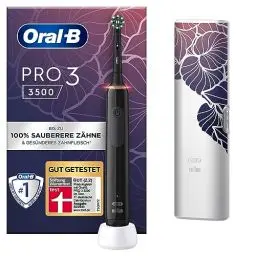 Produktbild: Oral-B PRO 3 3500 Elektrische Zahnbürste/Electric Toothbrush, mit 3 Putzmodi und visueller 360° Andruckkontrolle für Zahnpflege, Reiseetui floral, Geschenk Mann/Frau, Designed by Braun, schwarz