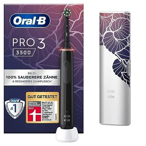 Produktbild: Oral-B PRO 3 3500 Elektrische Zahnbürste/Electric Toothbrush, mit 3 Putzmodi und visueller 360° Andruckkontrolle für Zahnpflege, Reiseetui floral, Geschenk Mann/Frau, Designed by Braun, schwarz