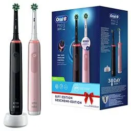 Produktbild: Oral-B PRO 3 3900 Elektrische Zahnbürste/Electric Toothbrush, Doppelpack, mit 3 Putzmodi und visueller 360° Andruckkontrolle für Zahnpflege, Geschenk Mann/Frau, Designed by Braun, schwarz/pink