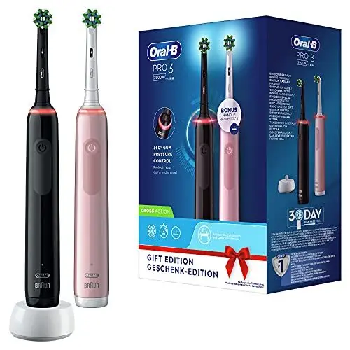Produktbild: Oral-B PRO 3 3900 Elektrische Zahnbürste/Electric Toothbrush, Doppelpack, mit 3 Putzmodi und visueller 360° Andruckkontrolle für Zahnpflege, Geschenk Mann/Frau, Designed by Braun, schwarz/pink