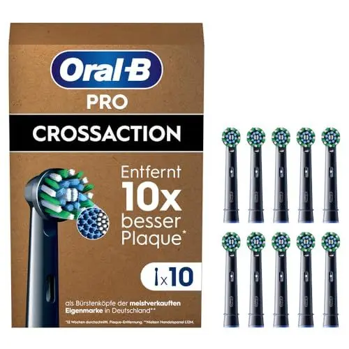 Produktbild: Oral-B Pro CrossAction Aufsteckbürsten für elektrische Zahnbürste, 10 Stück, überlegene Zahnreinigung, X-Borsten, Original Zahnbürstenaufsatz Oral-B Zahnbürsten, briefkastenfähige Verpackung, schwarz