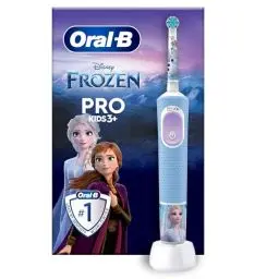Produktbild: Oral-B Pro Kids Frozen Elektrische Zahnbürste, Electric Toothbrush für Kinder ab 3 Jahren, inklusive Sensitiv+ Modus für Zahnpflege, extra weiche Borsten, 1 Aufsteckbürste, 4 Sticker, blau, lila