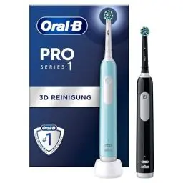 Produktbild: Oral-B Pro Series 1 Elektrische Zahnbürste, Electric Toothbrush, Doppelpack, 2 Aufsteckbürsten, 3 Putzmodi und Drucksensor für Zahnpflege, Designed by Braun, blau, schwarz