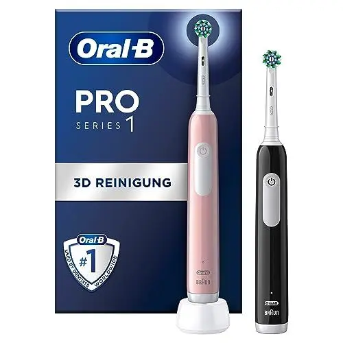 Produktbild: Oral-B Pro Series 1 Elektrische Zahnbürste/Electric Toothbrush, Doppelpack, 2 Aufsteckbürsten, 3 Putzmodi und Drucksensor für Zahnpflege, Designed by Braun, pink/black