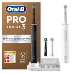 Produktbild: Oral-B Pro Series 3 Plus Edition Doppelpack Elektrische Zahnbürste, 4 Aufsteckbürsten, mit visueller 360° Andruckkontrolle für Zahnpflege, Designed by Braun, Black/White