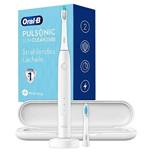 Produktbild: Oral-B Pulsonic Slim Clean 2500 Elektrische Schallzahnbürste/Electric Toothbrush, 2 Aufsteckbürsten, 2 Putzmodi für Zahnpflege und gesundes Zahnfleisch mit Timer, Reiseetui, Designed by Braun, weiß