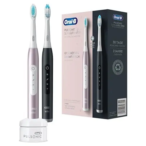 Produktbild: Oral-B Pulsonic Slim Luxe 4900 Elektrische Schallzahnbürste/Electric Toothbrush, Doppelpack 2 Aufsteckbürsten, 3 Putzmodi für Zahnpflege, Geschenk Mann/Frau, Designed by Braun, schwarz/rosegold