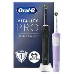 Produktbild: Oral-B Vitality Pro Elektrische Zahnbürste/Electric Toothbrush, Doppelpack mit 2 Aufsteckbürsten, 3 Putzmodi für Zahnpflege, Geschenk Mann/Frau, Designed by Braun, schwarz/lila