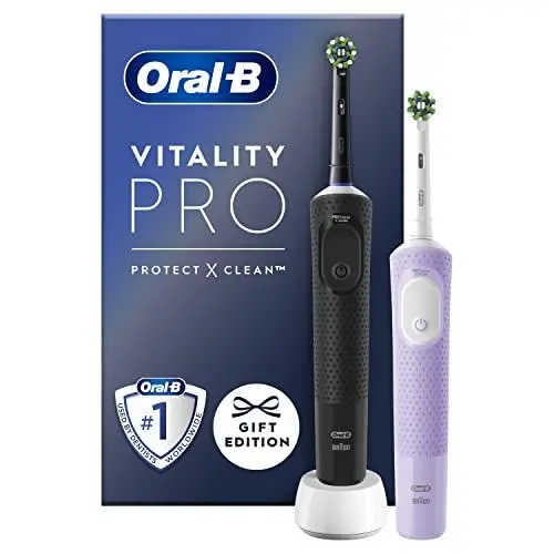 Produktbild: Oral-B Vitality Pro Elektrische Zahnbürste/Electric Toothbrush, Doppelpack mit 2 Aufsteckbürsten, 3 Putzmodi für Zahnpflege, Geschenk Mann/Frau, Designed by Braun, schwarz/lila