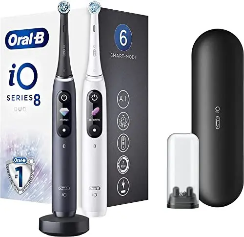 Produktbild: Oral-B iO 8 Doppelpack Elektrische Zahnbürste/Electric Toothbrush mit revolutionärer Magnet-Technologie & Mikrovibrationen, 6 Putzprogramme, Farbdisplay & Reiseetui, white alabaster/black onyx