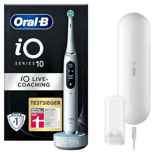 Produktbild: Oral-B iO Series 10 Elektrische Zahnbürste/Electric Toothbrush, 7 Putzmodi, Zahnpflege, iOSense, Farbdisplay & Lade-Reiseetui, Designed by Braun, stardust white