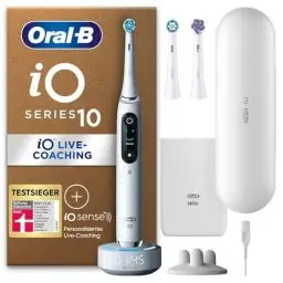 Produktbild: Oral-B iO Series 10 Plus Edition Elektrische Zahnbürste/Electric Toothbrush, PLUS 3 Aufsteckbürsten, 7 Putzmodi für Zahnpflege, Lade-Reiseetui, Designed by Braun, Stardust White