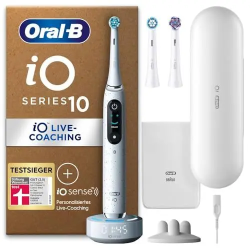 Produktbild: Oral-B iO Series 10 Plus Edition Elektrische Zahnbürste/Electric Toothbrush, PLUS 3 Aufsteckbürsten, 7 Putzmodi für Zahnpflege, Lade-Reiseetui, Designed by Braun, Stardust White