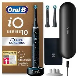 Produktbild: Oral-B iO Series 10 Plus Edition Elektrische Zahnbürste/Electric Toothbrush, PLUS 3 Aufsteckbürsten (inkl. 2x Sanfte Reinigung), 7 Modi für Zahnpflege, Lade-Reiseetui, Designed by Braun, cosmic black