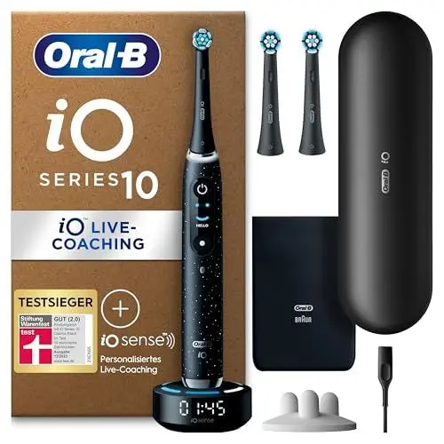 Produktbild: Oral-B iO Series 10 Plus Edition Elektrische Zahnbürste/Electric Toothbrush, PLUS 3 Aufsteckbürsten (inkl. 2x Sanfte Reinigung), 7 Modi für Zahnpflege, Lade-Reiseetui, Designed by Braun, cosmic black