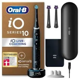 Produktbild: Oral-B iO Series 10 Plus Edition Elektrische Zahnbürste/Electric Toothbrush, PLUS 3 Aufsteckbürsten (inkl. 2x Strahlendes Weiss), 7 Modi für Zahnpflege, Lade-Reiseetui, Designed by Braun, cosmic black
