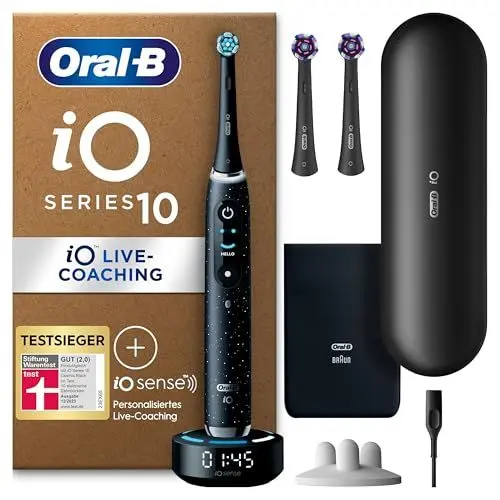 Produktbild: Oral-B iO Series 10 Plus Edition Elektrische Zahnbürste/Electric Toothbrush, PLUS 3 Aufsteckbürsten (inkl. 2x Strahlendes Weiss), 7 Modi für Zahnpflege, Lade-Reiseetui, Designed by Braun, cosmic black