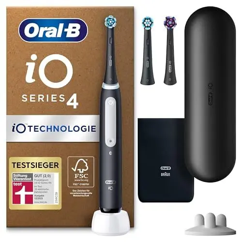 Produktbild: Oral-B iO Series 4 Plus Edition Elektrische Zahnbürste/Electric Toothbrush, PLUS 3 Aufsteckbürsten, 4 Putzmodi für Zahnpflege, Reiseetui, Designed by Braun, matt schwarz