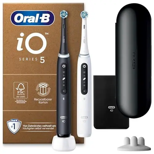 Produktbild: Oral-B iO Series 5 Plus Edition Elektrische Zahnbürste/Electric Toothbrush, Doppelpack PLUS 2 Aufsteckbürsten + Magnet-Etui, 5 Putzmodi, Designed by Braun, Matt Black/Quite White