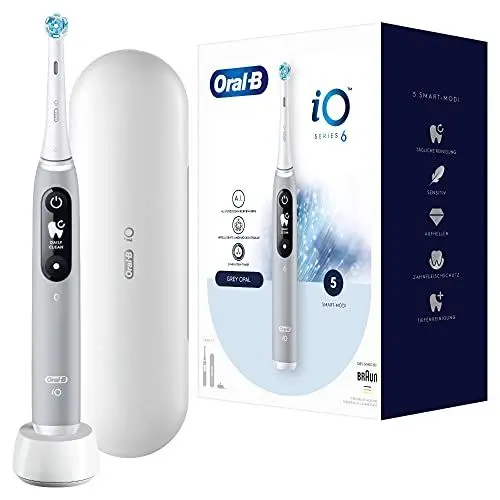 Produktbild: Oral-B iO Series 6 Elektrische Zahnbürste/Electric Toothbrush, 5 Putzmodi für Zahnpflege, Magnet-Technologie, Display & Reiseetui, Geschenk Mann/Frau, Designed by Braun, grey opal